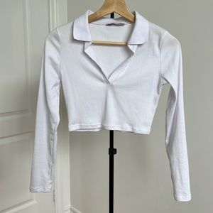 Zara long sleeve ribbed white polo crop top size small